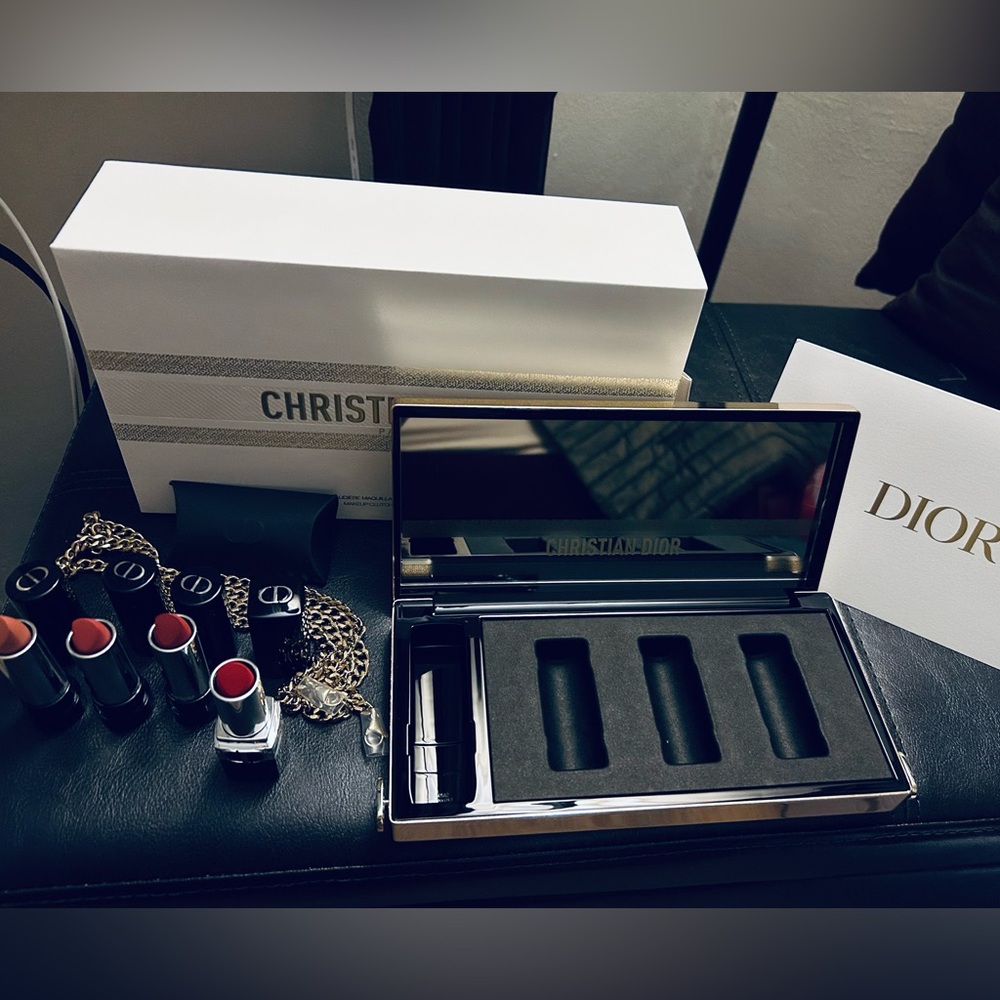 Beautiful Christian Dior gold clutch and lipstick collection